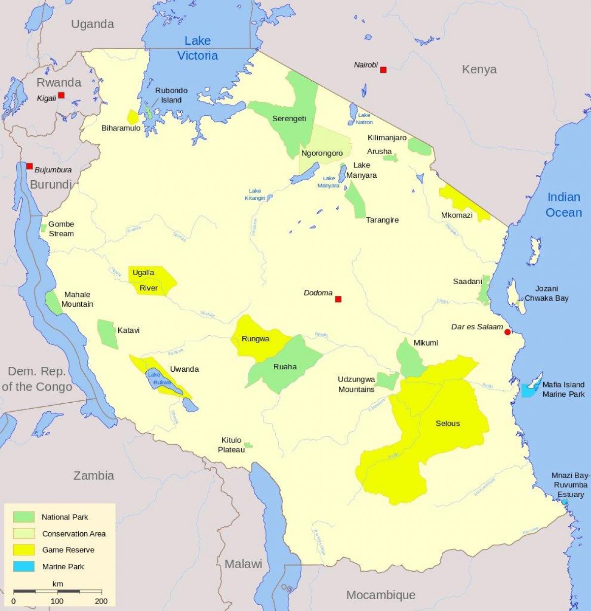 mapa tanzánia-národné parky a revíroch