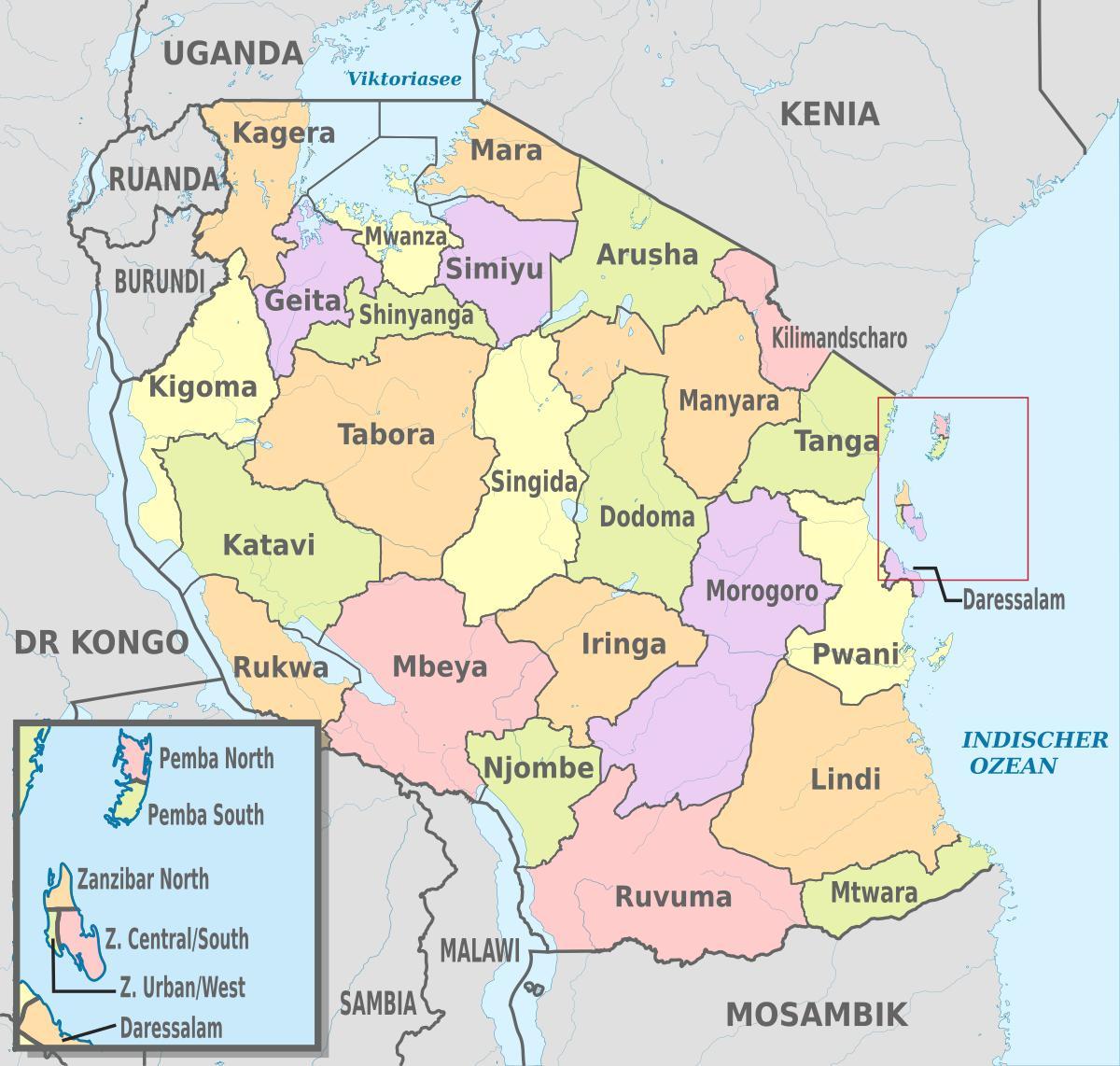 mapa tanzánia ukazuje krajoch a okresoch