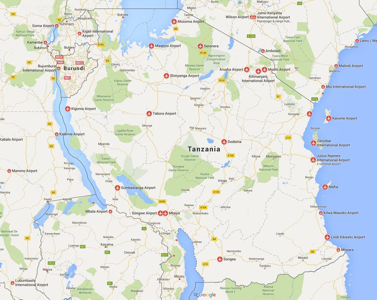 Mapa tanzánia letiská