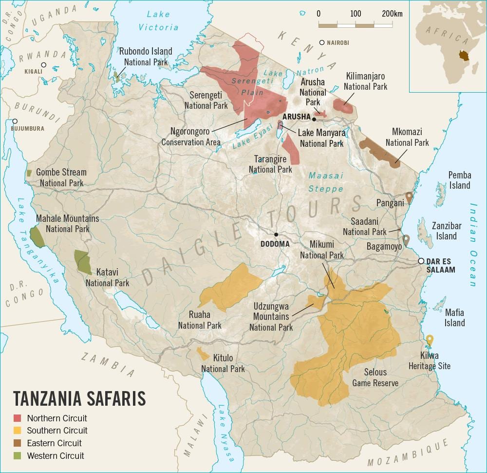 Mapa safari tanzánie