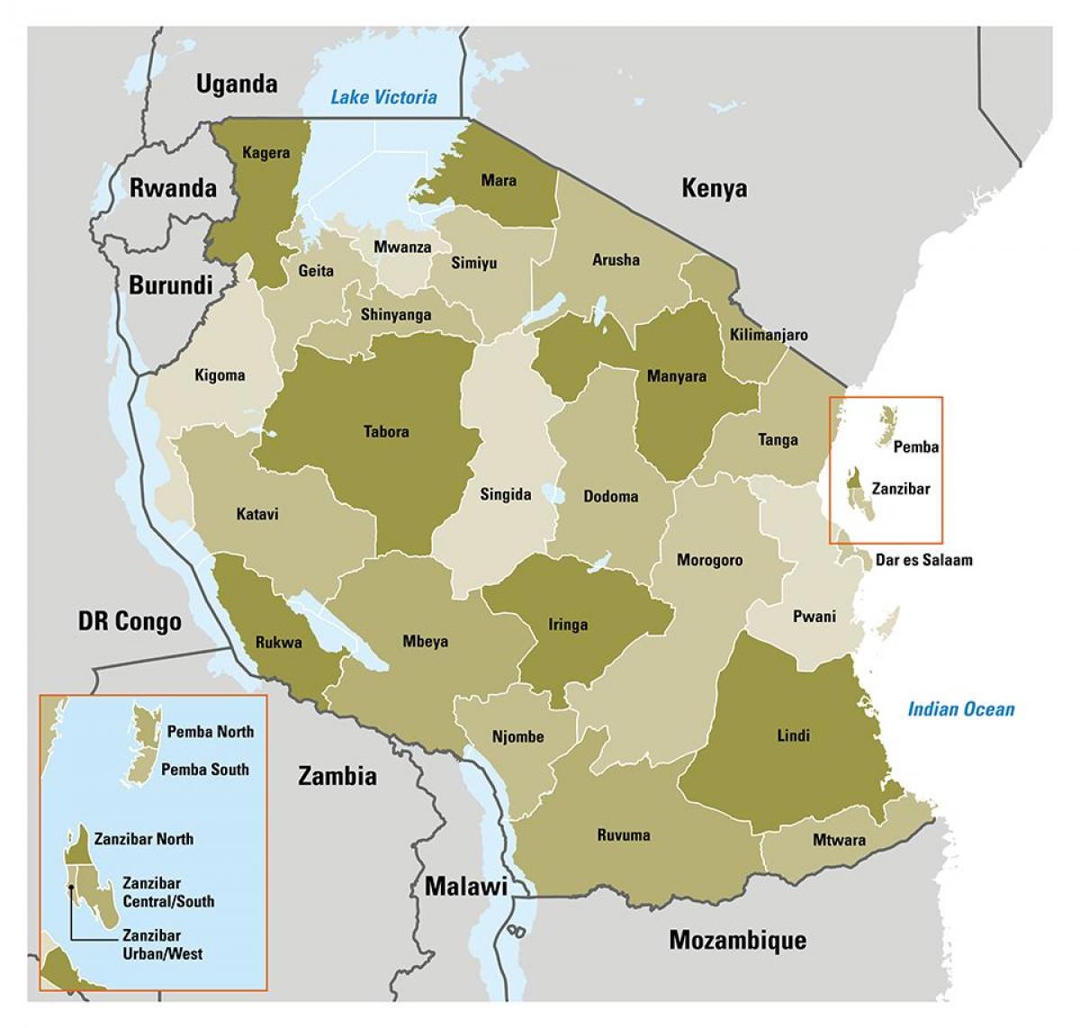 mapa tanzánia ukazuje regiónov