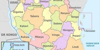 Mapa tanzánia ukazuje krajoch a okresoch