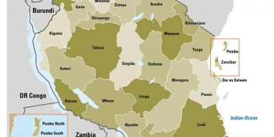 Mapa tanzánia ukazuje regiónov